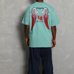 Erkek Kısa Kol Tişört Bisiklet Yaka KANAT Baskılı Oversize T-Shirt - Mint Yeşili