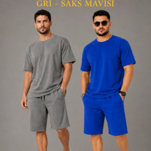 Erkek 2’li Oversize Tişört Şort Takım Seti Yazlık İki İplik Kumaş - Gri, Saks Mavisi