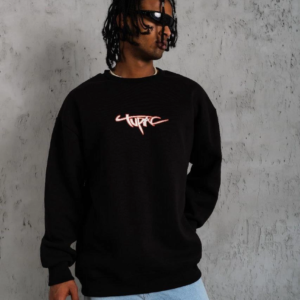 Erkek 3 İplik Pamuklu Bisiklet Yaka Gangster Baskılı Sweatshirt - Siyah