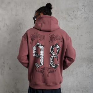 Erkek 3 İplik Pamuklu Kapüşonlu Baskılı Cepli Sweatshirt Hoodie - Gül Kurusu