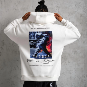 Erkek 3 İplik Pamuklu Kapüşonlu Baskılı Cepli Oversize Sweatshirt Hoodie - Beyaz