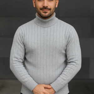 Erkek Tam Boğazlı Balıkçı Yaka Triko Kazak Kalın Fitilli -  Gri