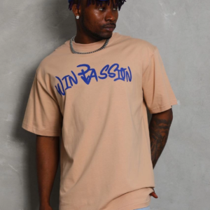 Erkek Baskılı Tişört Kısa Kol Bisiklet Yaka Oversize T-Shirt - Bej