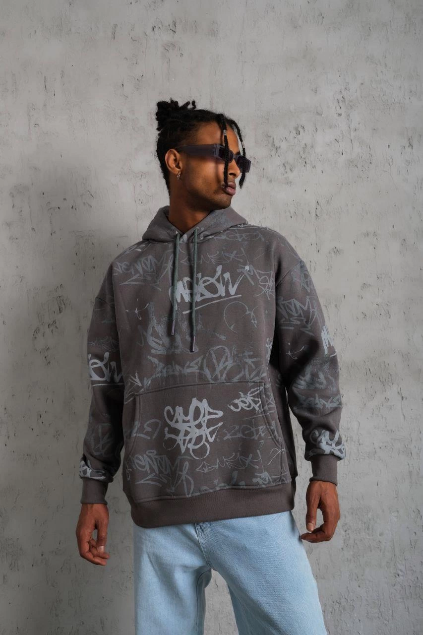 erkek-baskili-kapusonlu-ribanali-sweat-gri-178057458-sw853sh1280 Erkek 3 İplik Pamuklu Kapüşonlu Kanguru Cepli Sweatshirt Hoodie - Gri