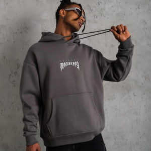 Erkek 3 İplik Pamuklu Kapüşonlu Baskılı Cepli Oversize Sweatshirt Hoodie - Gri