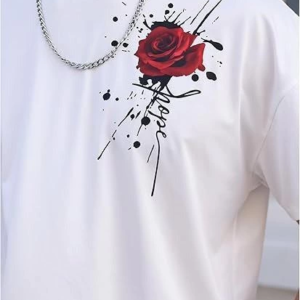 Erkek Kısa Kol Yazlık Tişört Bisiklet Yaka GÜL Baskılı T-Shirt - Beyaz