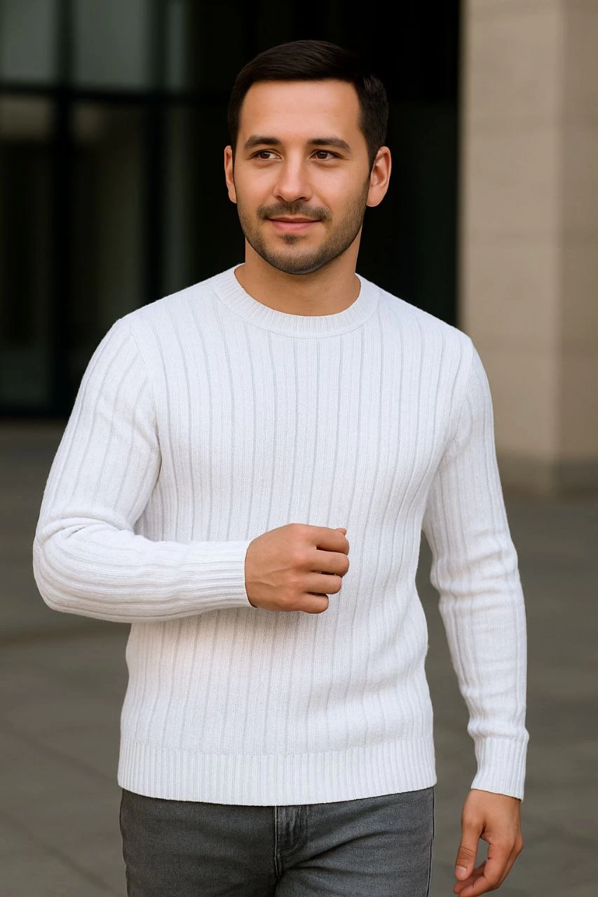 erkek-bisiklet-yuvarlak-yaka-triko-kazak-pamuklu-kalin-fitilli-dokuma-regular-fit-uzun-kollu-kislik-model-beyaz-54997981-sw853sh1280 Erkek Bisiklet Yaka Triko Kazak Pamuklu Kalın Fitilli Dokuma Regular Fit - Beyaz - Görsel 2