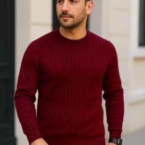 Erkek Bisiklet Yaka Triko Kazak Pamuklu Kalın Fitilli Dokuma Regular Fit - Bordo