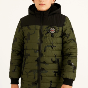 Erkek Çocuk Kamuflaj Desenli Peluş Astarlı Kapüşonlu Cepli Mont -  Haki