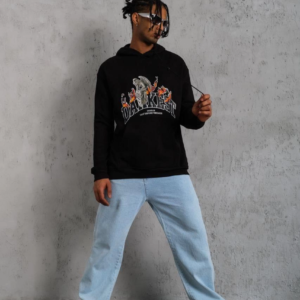 Erkek 3 İplik Pamuklu Kapüşonlu Baskılı Cepli Oversize Sweatshirt Hoodie - Siyah