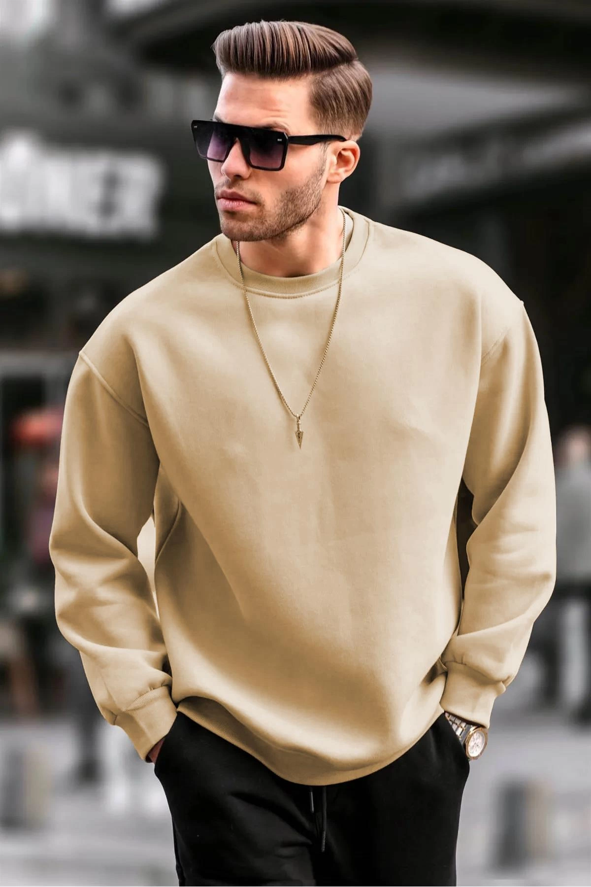 erkek-duz-bisiklet-yaka-sweat-bej-125314718-sw1200sh1800 Erkek Düz Bisiklet Yaka 3 iplik pamuklu Sweatshirt - Bej