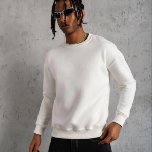 Erkek Düz Bisiklet Yaka 3 iplik pamuklu Sweatshirt - Beyaz
