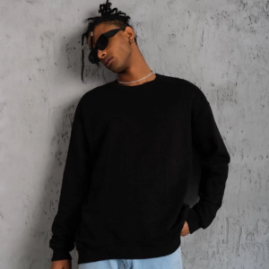 Erkek Bisiklet Yaka Baskılı 3 İplik Pamuklu Sweatshirt - Siyah