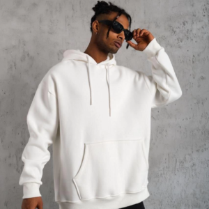 Erkek 3 İplik Pamuklu Kapüşonlu Kanguru Cepli Sweatshirt Hoodie - Beyaz