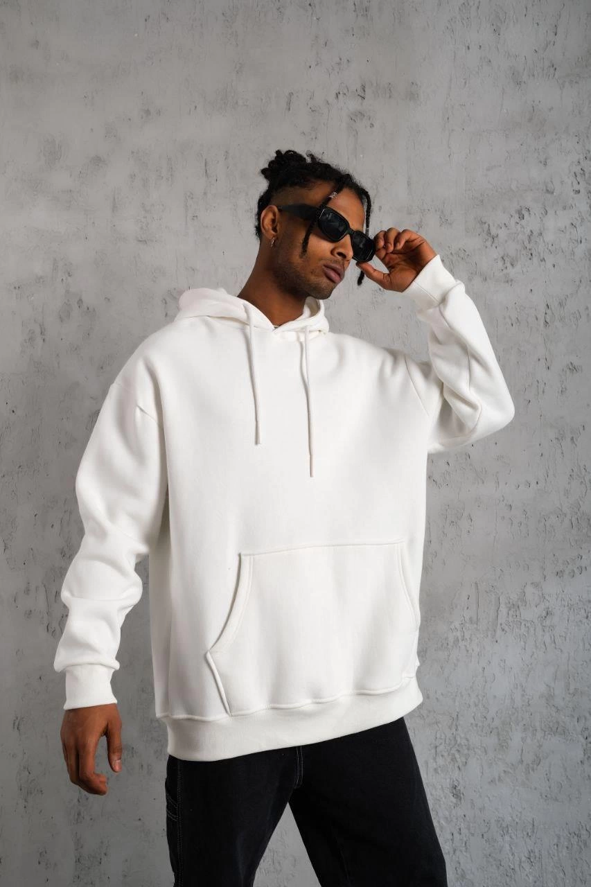 erkek-duz-kapusonlu-sweat-beyaz-141306318-sw853sh1280 Erkek 3 İplik Pamuklu Kapüşonlu Kanguru Cepli Sweatshirt Hoodie - Beyaz