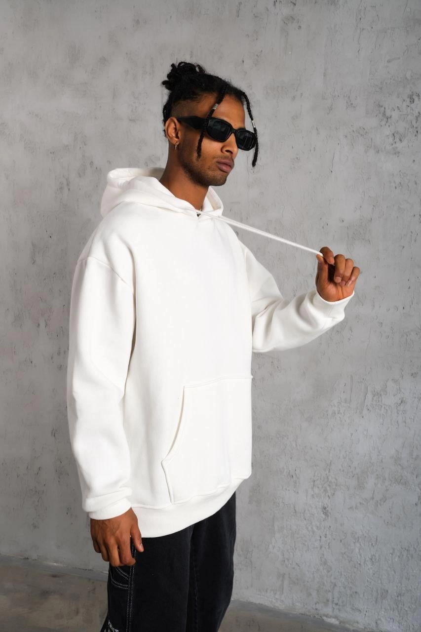 erkek-duz-kapusonlu-sweat-beyaz-219302137-sw853sh1280 Erkek 3 İplik Pamuklu Kapüşonlu Kanguru Cepli Sweatshirt Hoodie - Beyaz - Görsel 2