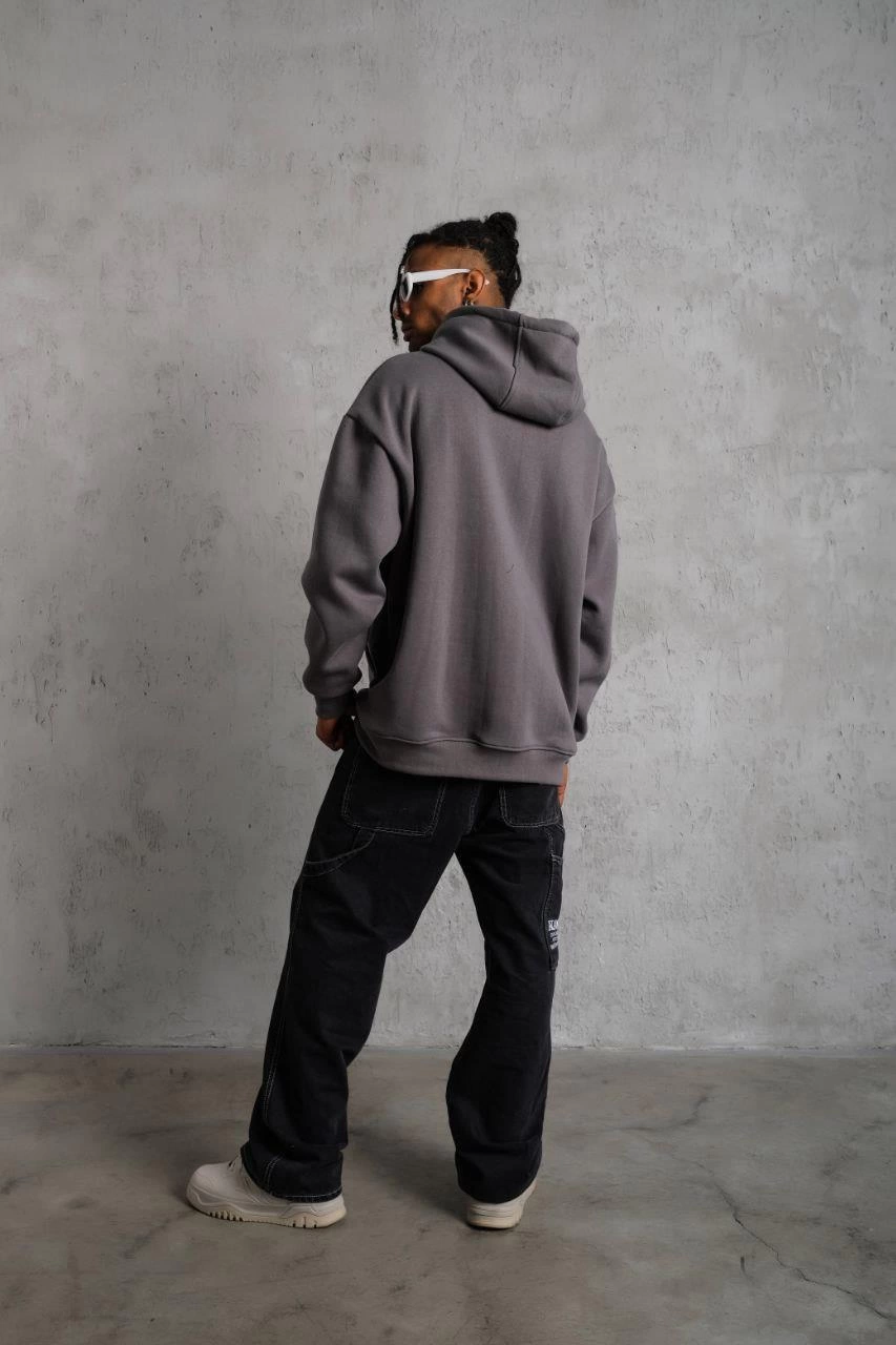 erkek-duz-kapusonlu-sweat-gri-226110319-sw853sh1280 Erkek 3 İplik Pamuklu Kapüşonlu Kanguru Cepli Sweatshirt Hoodie - Gri - Görsel 2
