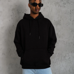 Erkek 3 İplik Pamuklu Kapüşonlu Kanguru Cepli Sweatshirt Hoodie - Siyah