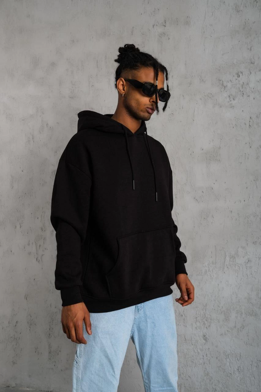 erkek-duz-kapusonlu-sweat-siyah-243620233-sw853sh1280 Erkek 3 İplik Pamuklu Kapüşonlu Kanguru Cepli Sweatshirt Hoodie - Siyah - Görsel 2