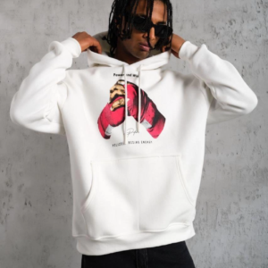 Erkek Kapüşonlu Cepli Boks Eldiven Baskılı 3 İplik Sweatshirt Hoodie - Beyaz
