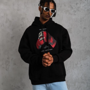 Erkek Kapüşonlu Cepli Box Eldiven Baskılı 3 İplik Sweatshirt Hoodie - Siyah