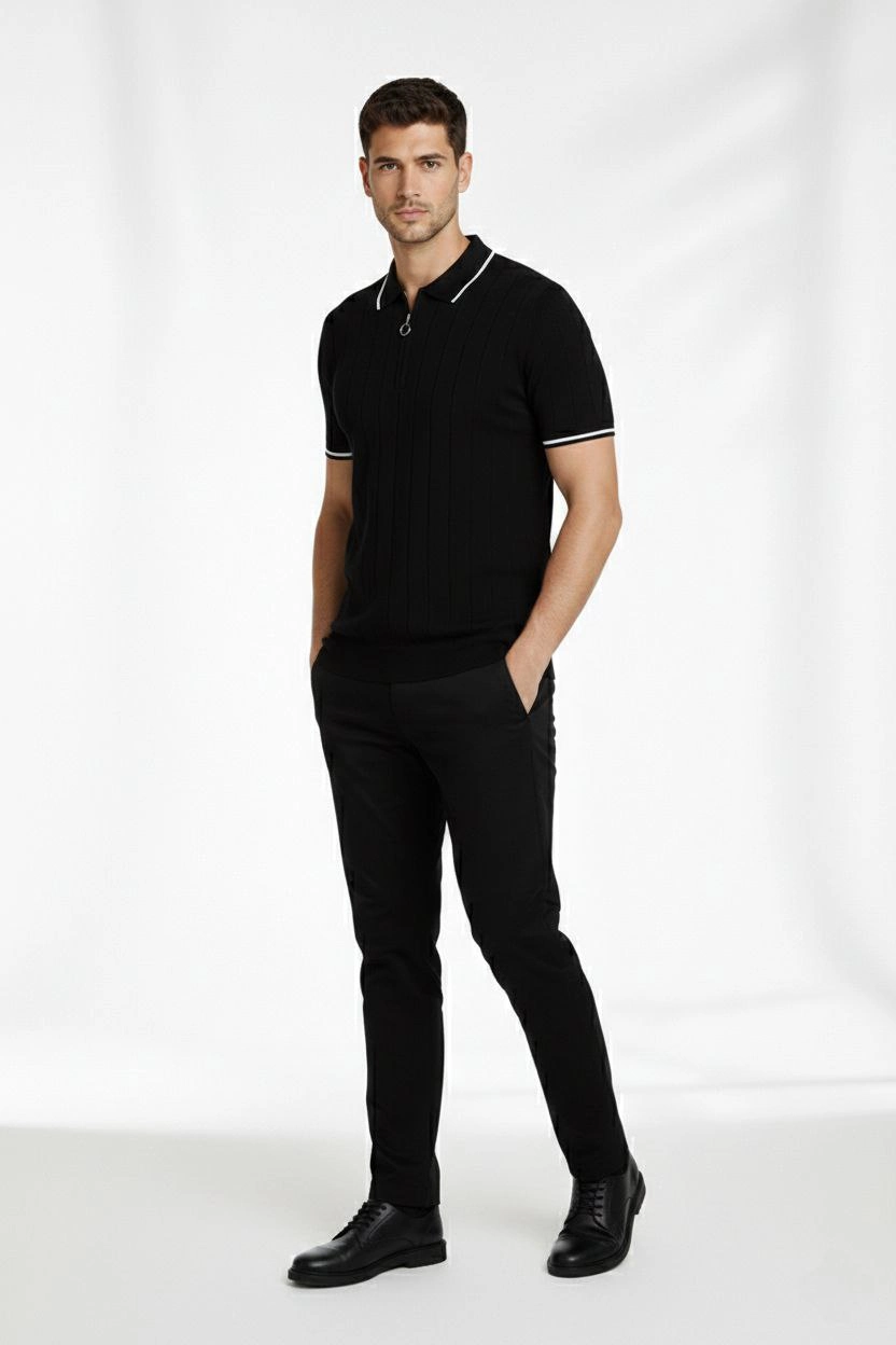 erkek-fermuarli-yaka-fitilli-triko-kisa-kollu-regular-fit-tisort-t-shirt-siyah-67605731-sw832sh1248 Erkek Yazlık Dokuma Triko Tişört Fermuarlı Polo Yaka Kısa Kol T-Shirt - Siyah - Görsel 2