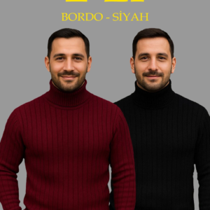 Erkek Fitilli Kazak Tam Boğazlı Balıkçı Yaka Triko 2'li Set Bordo-Siyah