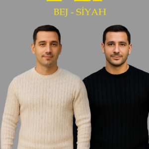 Erkek Fitilli Triko Kazak 2’li Set Bej Beyaz Kalın Dokuma Pamuklu Regular Fit Bisiklet