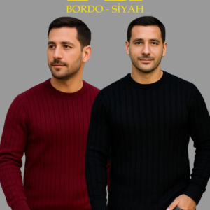 Erkek Fitilli Triko Kazak 2’li Set Siyah Bordo Kalın Dokuma Pamuklu Regular Fit Bisiklet