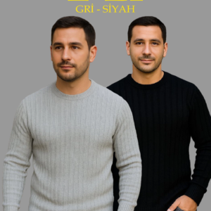 Erkek Fitilli Triko Kazak 2’li Set Siyah Gri Kalın Dokuma Pamuklu Regular Fit Bisiklet