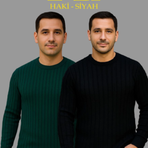 Erkek Fitilli Triko Kazak 2’li Set Siyah Haki Kalın Dokuma Pamuklu Regular Fit Bisiklet