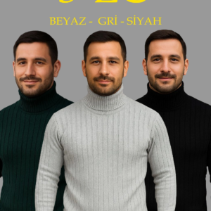 Erkek Fitilli Kazak Tam Boğazlı Balıkçı Yaka Triko 3'lü Set  Gri-Haki-Siyah