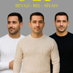 Erkek Fitilli Triko Kazak 3’lü Set Bej Beyaz Siyah | Kalın Dokuma Pamuklu Regular Fit