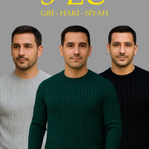 Erkek Fitilli Triko Bisiklet Yaka Kalın Kazak 3'lü Set Gri-Haki-Siyah