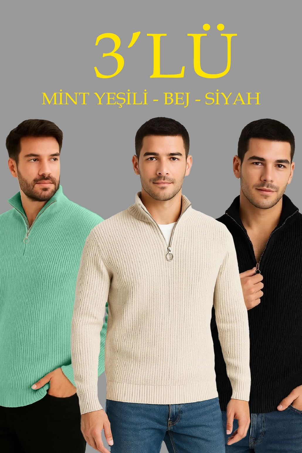 erkek-fitilli-triko-kazak-3lu-set-mint-yesili-siyah-bej-kalin-dokuma-pamuklu-regular-fit-v-yaka-fermuarli-uzun-kollu-rahat-kislik-kazak-kombini-31468180-sw1030sh1545 Erkek Fitilli Triko Kazak 3’lü Set Mint Yeşili Siyah Bej Kalın Dokuma Pamuklu Regular Fit
