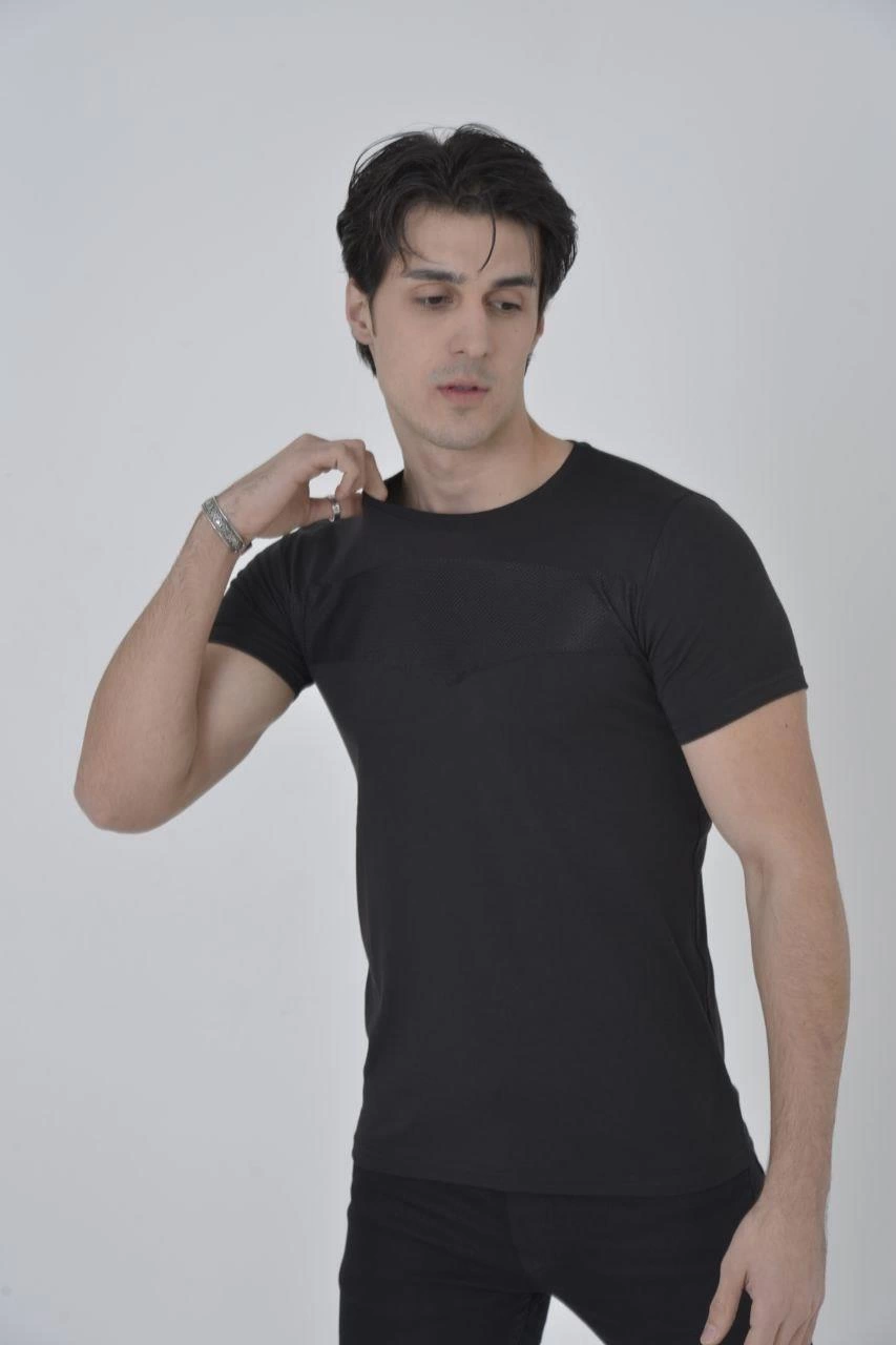 erkek-gogus-fileli-slim-fit-t-shirt-siyah-273505488-sw853sh1280 Erkek Gögüs Fileli T-Shirt Kısa Kol Bisiklet Yaka Slimfit Tişört - Siyah - Görsel 2