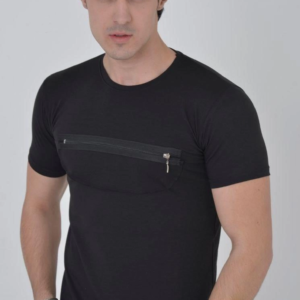 Erkek Gögüs Fermuarlı T-Shirt Kısa Kol Bisiklet Yaka Slimfit Tişört - Siyah