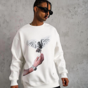 Erkek Güvercin Baskılı 3 iplik pamuklu Bisiklet Yaka Sweatshirt - Beyaz