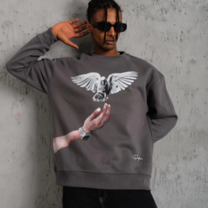 Erkek Güvercin Baskılı 3 iplik pamuklu Bisiklet Yaka Sweatshirt - Gri