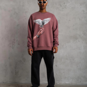 Erkek Güvercin Baskılı Bisiklet Yaka Sweatshirt 3 iplik pamuklu - Gül Kurusu