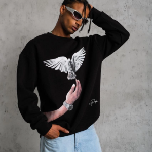 Erkek Güvercin Baskılı 3 iplik Bisiklet Yaka ipamuklu Sweatshirt - Siyah