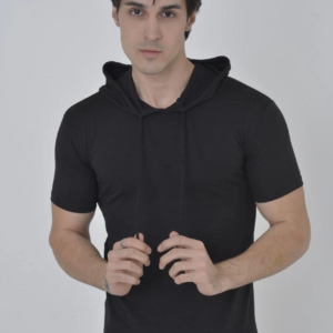 Kadın Kapüşonlu T-Shirt Kısa Kol Bisiklet Yaka Slimfit Tişört - Siyah