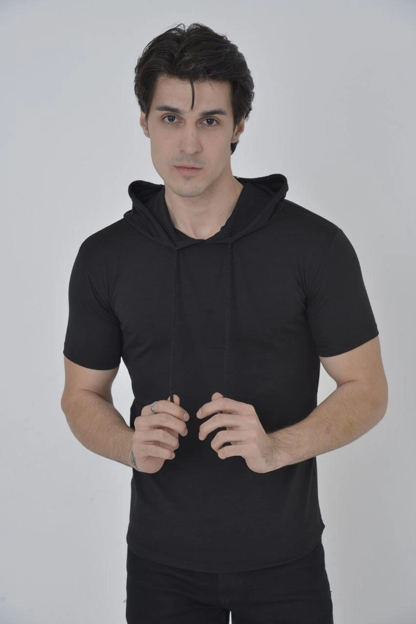 erkek-kapsonlu-slim-fit-t-shirt-siyah-165627883-sw853sh1280 Kadın Kapüşonlu T-Shirt Kısa Kol Bisiklet Yaka Slimfit Tişört - Siyah