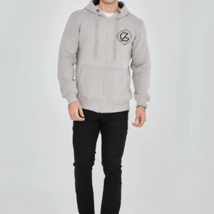 Erkek 3 İplik Pamuklu Fermuarlı Kapüşonlu Kanguru Cepli Baskılı Hoodie Hırka Sweatshirt - Boyalı Gri