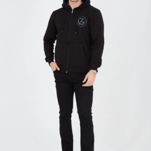 Erkek 3 İplik Pamuklu Fermuarlı Kapüşonlu Kanguru Cepli Baskılı Hoodie Hırka Sweatshirt - Siyah