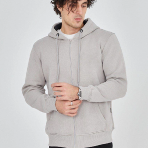 Erkek 3 İplik Pamuklu Fermuarlı Kapüşonlu Kanguru Cepli Hoodie Hırka Sweatshirt - Boyalı Gri