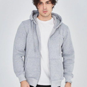 Erkek 3 İplik Pamuklu Fermuarlı Kapüşonlu Kanguru Cepli Hoodie Hırka Sweatshirt - Gri