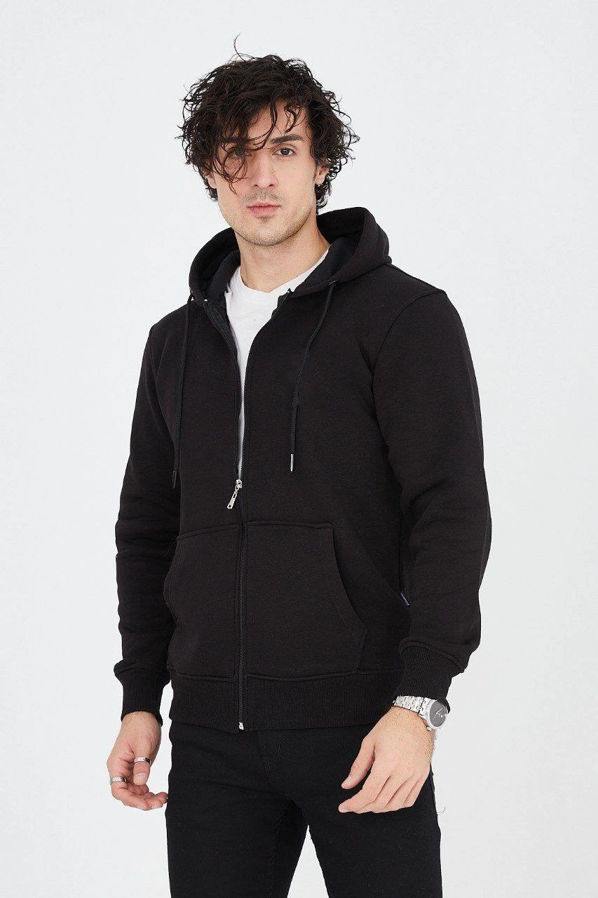 erkek-kapusonlu-duz-fermuarli-hirka-siyah-239414446-sw853sh1280 Erkek 3 İplik Pamuklu Fermuarlı Kapüşonlu Kanguru Cepli Hoodie Hırka Sweatshirt - Siyah - Görsel 2