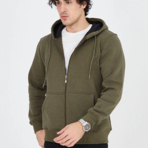 Erkek 3 İplik Pamuklu Fermuarlı Kapüşonlu Kanguru Cepli Hoodie Hırka Sweatshirt - Yeşil