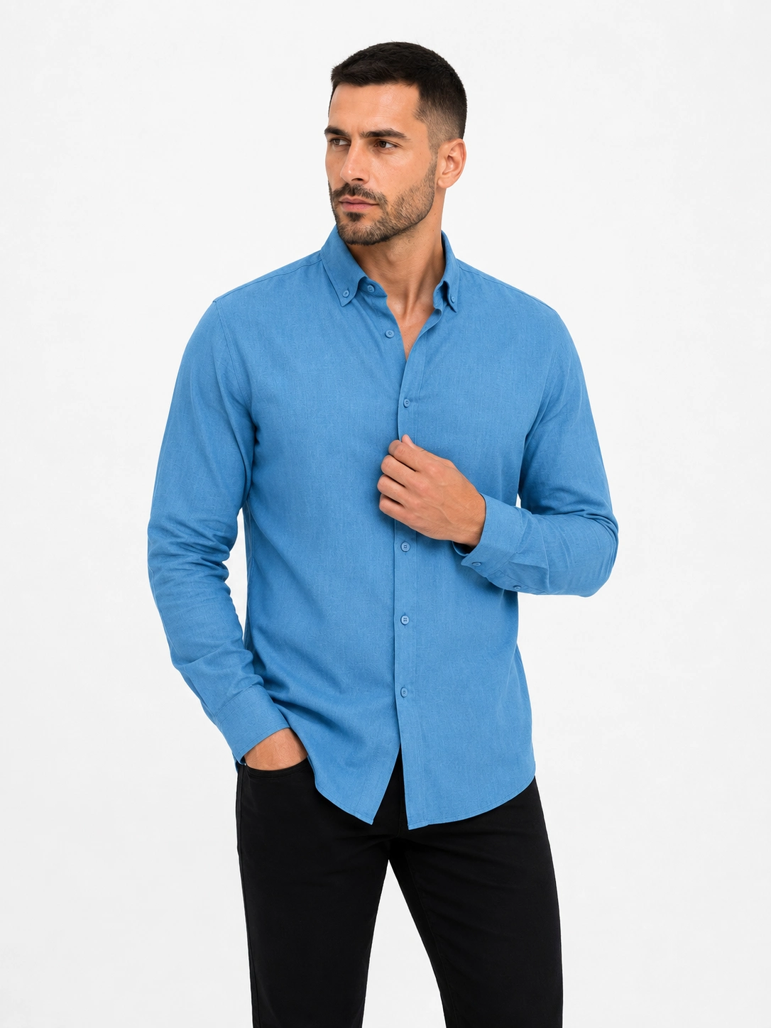 erkek-keten-kumas-oversize-uzun-kollu-rahat-kalip-gomlek-acik-mavi-67705095-sw1086sh1448 Erkek KETEN Kumaş Uzun Kollu Regular fit Gömlek - Petrol - Görsel 2
